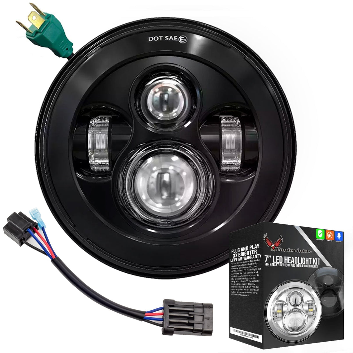 Eagle Lights 7" LED Headlight for Harley-Davidson® and Indian® Motorcycles - Generation I / Black Kit