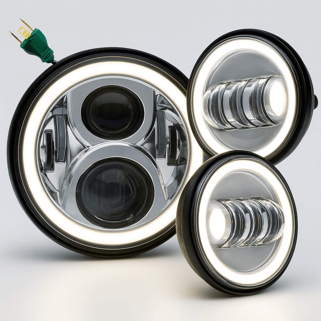 Eagle Lights 7" LED Headlight and 4.5" LED Passing Light Kit with Halo Rings for Harley-Davidson® & Indian® Motorcycles - Generation II / Chrome / Halo Ring