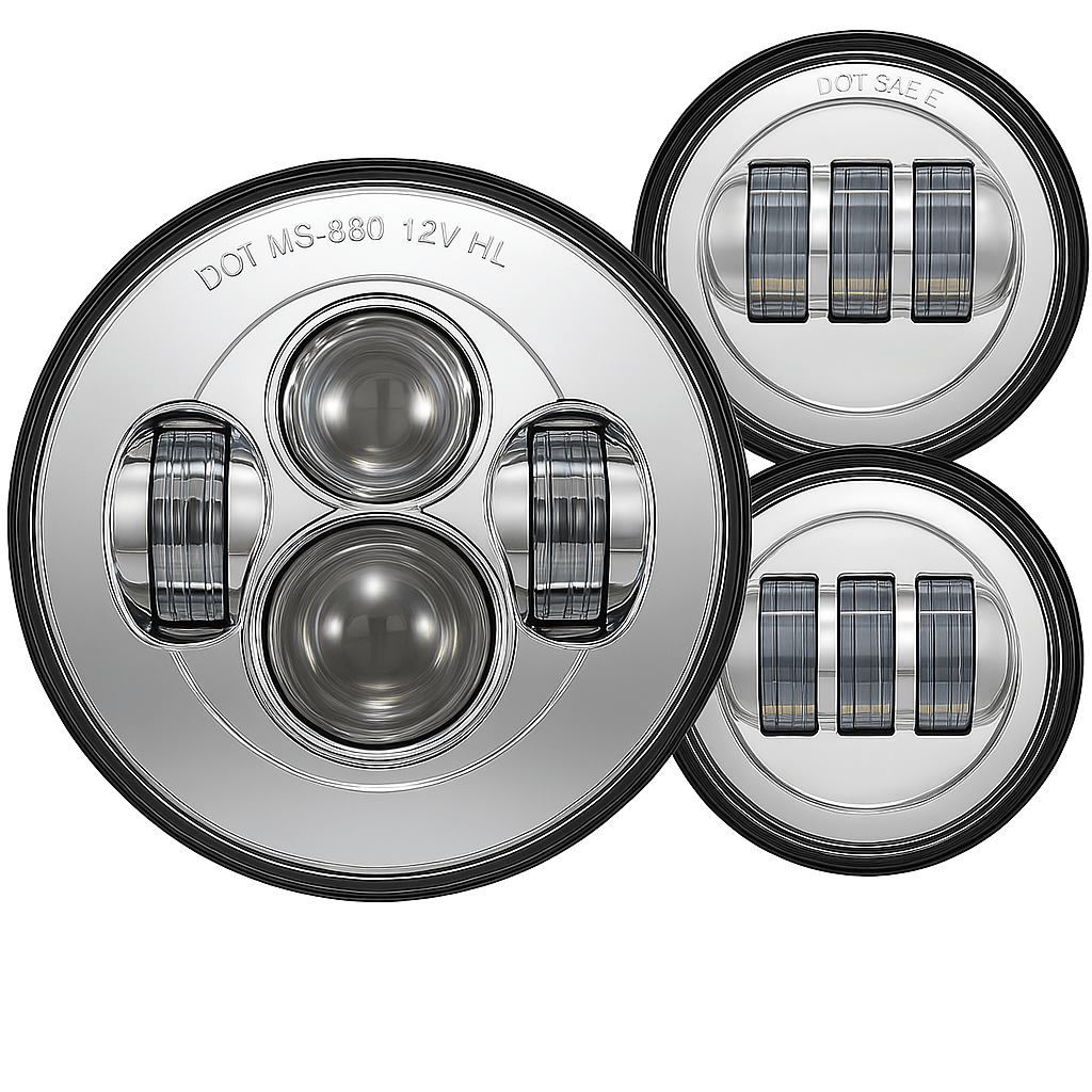 Eagle Lights 7" LED Headlight and 4.5" LED Passing Light Kit for Harley-Davidson® and Indian® Motorcycles - Generation I / Chrome