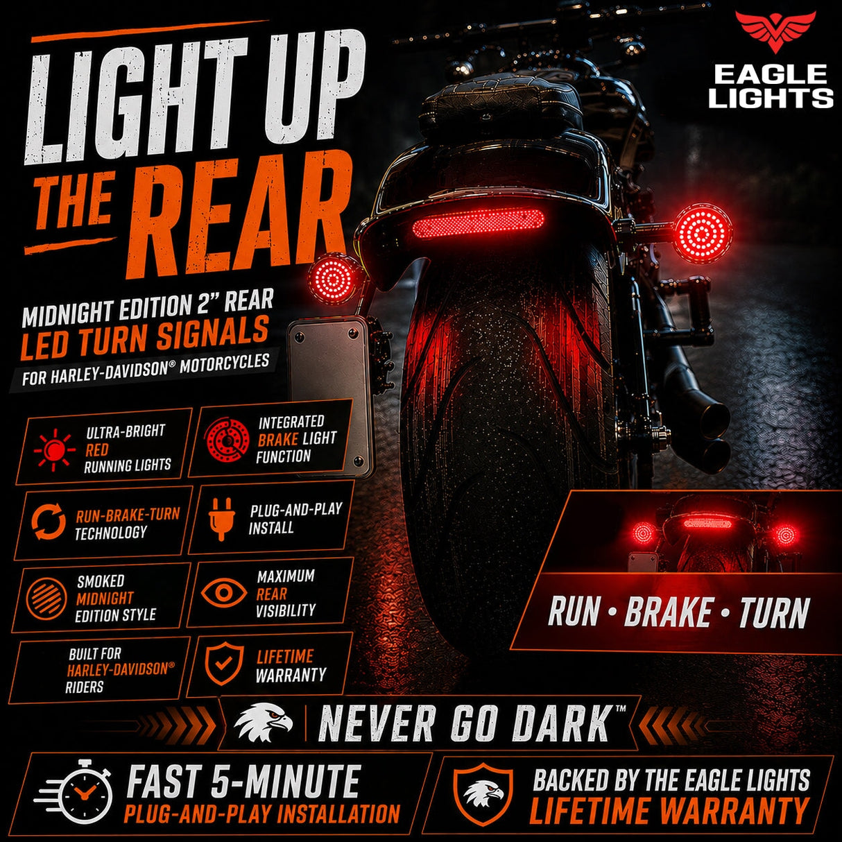 Eagle Lights Midnight Edition Rear LED Turn Signals, Running Lights and Brake Lights for Harley-Davidson® Motorcycle