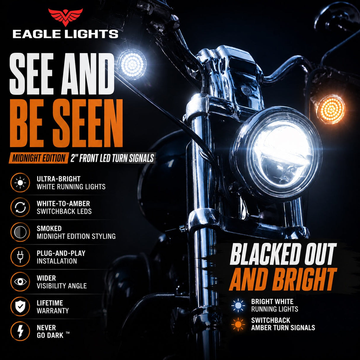 Eagle Lights Midnight Edition Front and Rear Turn Signals, Running Lights and Strobing Rear LED Turn Signal Kit for Harley-Davidson® Motorcycles - 1157 Front Base / 1157 Rear Base