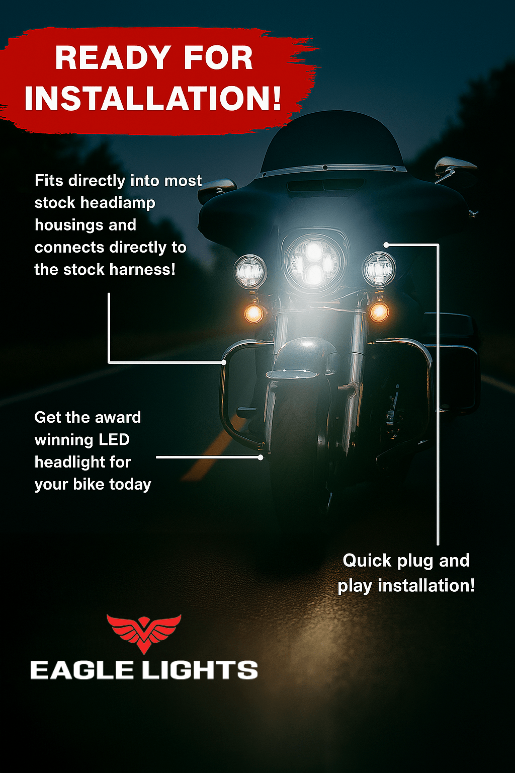 Eagle Lights 7" LED Headlight and 4.5" LED Passing Light Kit for Harley-Davidson® and Indian® Motorcycles - Generation I / Chrome