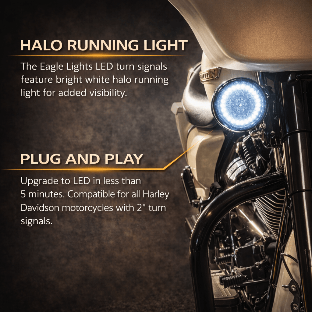 Eagle Lights 2” Front LED Turn Signal with Halo Running Light Kit for Harley-Davidson® - White Halo Ring / Amber Turn Signal / 1157 Base