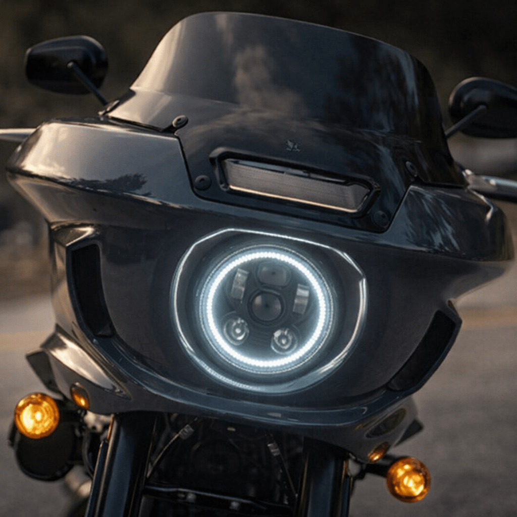 Eagle Lights halo LED headlight installed on Harley-Davidson® Low Rider ST FXLRST with cool white illuminated halo ring