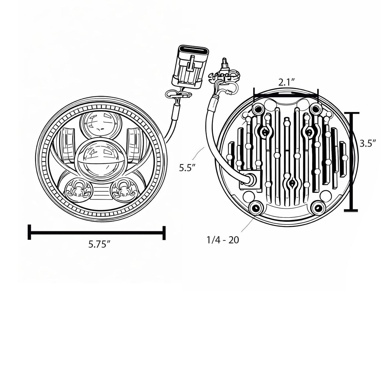 Eagle Lights 5 3/4 inch LED headlight with halo ring for 2018 Harley-Davidson Softail models showing front and rear dimensions