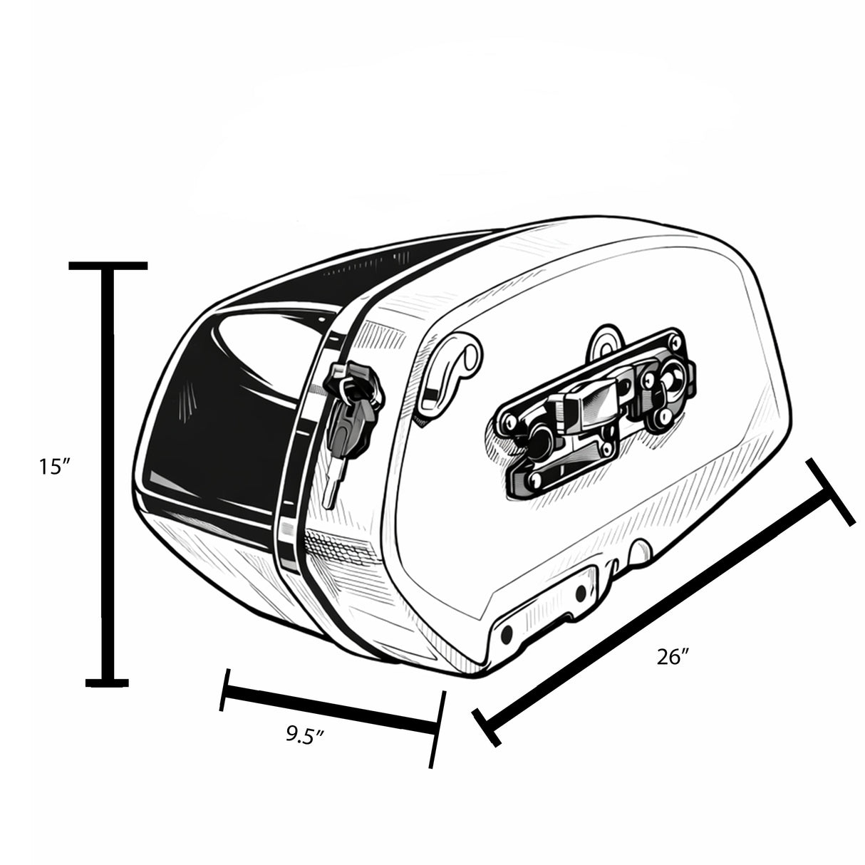 Eagle Lights Midnight Edition saddlebags for 2022–2025 Harley-Davidson Low Rider S showing overall height, depth, and length dimensions