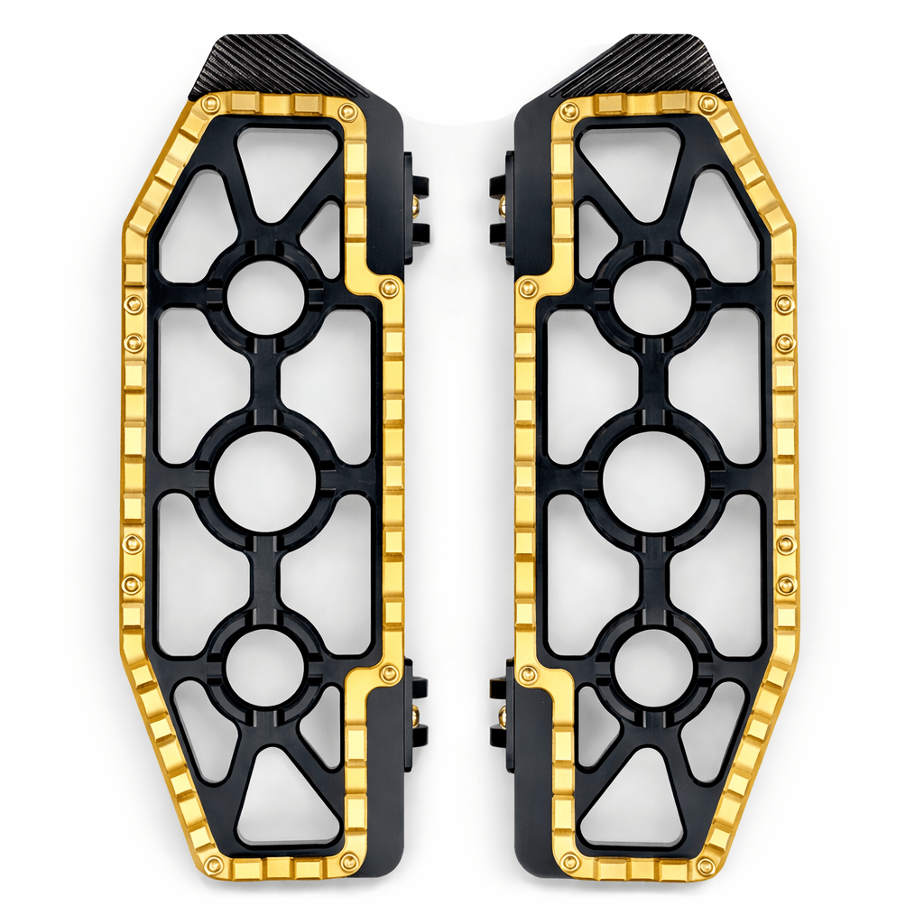 Eagle Lights Redline MX driver floor boards for Harley-Davidson motorcycles black gold billet aluminum