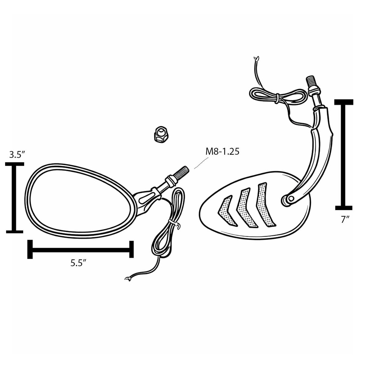 Eagle Lights SIGNALSIGHT LED mirror with integrated turn signals for Harley-Davidson Softail, Dyna, and Touring models showing mirror size and stem dimensions