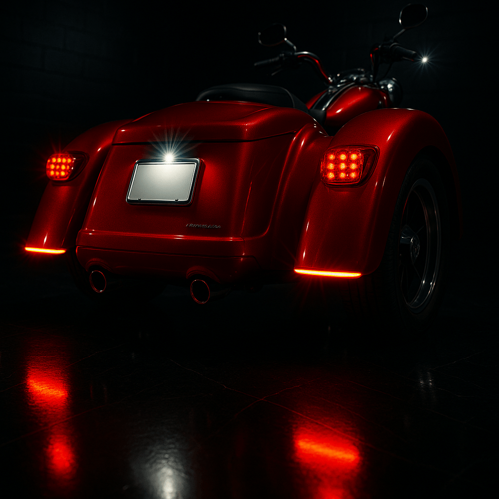 Red motorcycle with illuminated rear lights on a dark background