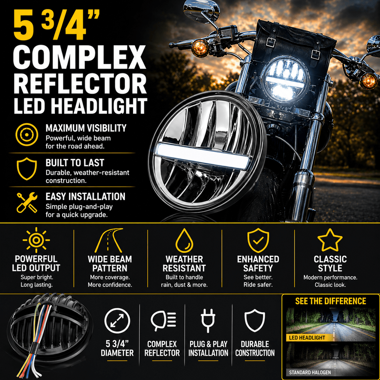 Eagle Lights 5 3/4" Complex Reflector LED Headlight for Harley-Davidson® and Indian Motorcycles
