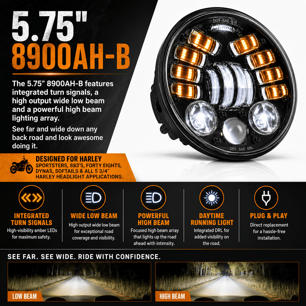 Eagle Lights 5 3/4" LED Projector Headlight with Integrated Turn Signals for Harley Davidson 5.75'' LED Projection Head Lamp