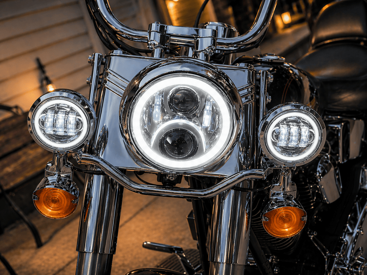 Eagle Lights 7" LED Headlight and 4.5" LED Passing Light Kit with Halo Rings for Harley-Davidson® & Indian® Motorcycles - Generation II / Chrome / Halo Ring