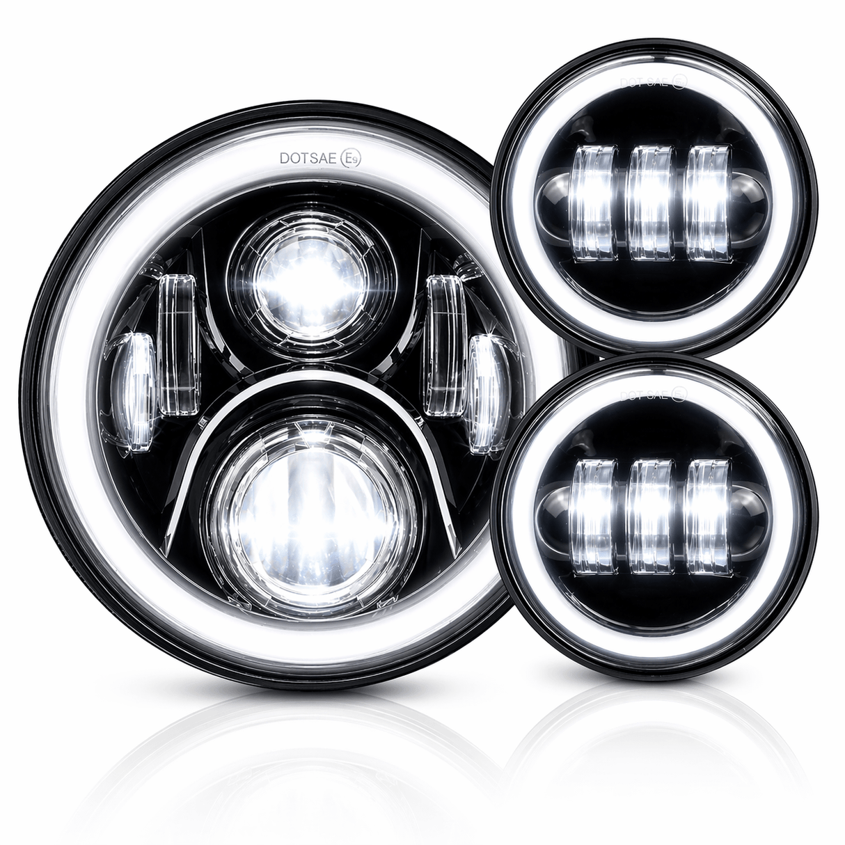 Eagle Lights 7" LED Headlight and 4.5" LED Passing Light Kit with Halo Rings for Harley-Davidson® and Indian Motorcycles - Generation II / Black / Halo Ring