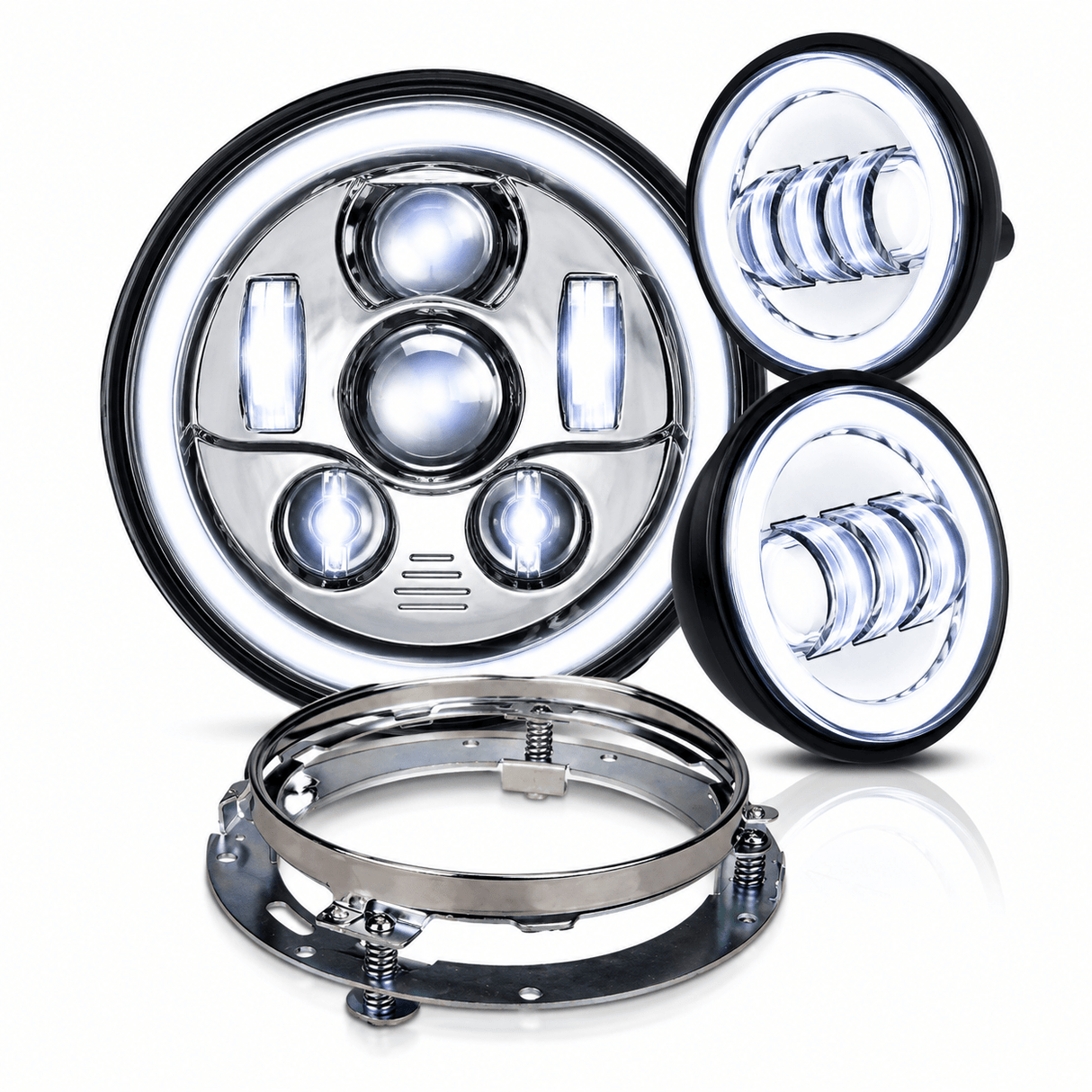 Eagle Lights 7" LED Headlight and 4.5" LED Passing Light Kit with Halo Rings for Harley-Davidson® & Indian® Motorcycles - Generation III / Chrome / Halo Ring