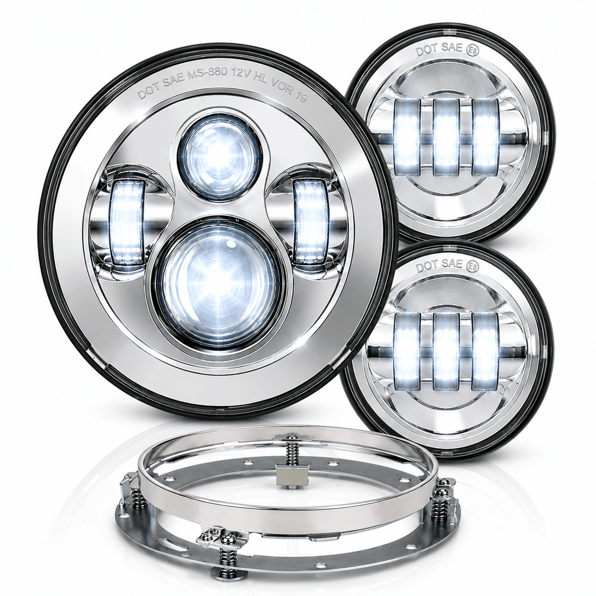 Eagle Lights 7" LED Headlight and 4.5" LED Passing Light Kit for Harley-Davidson® and Indian® Motorcycles - Generation I / Chrome