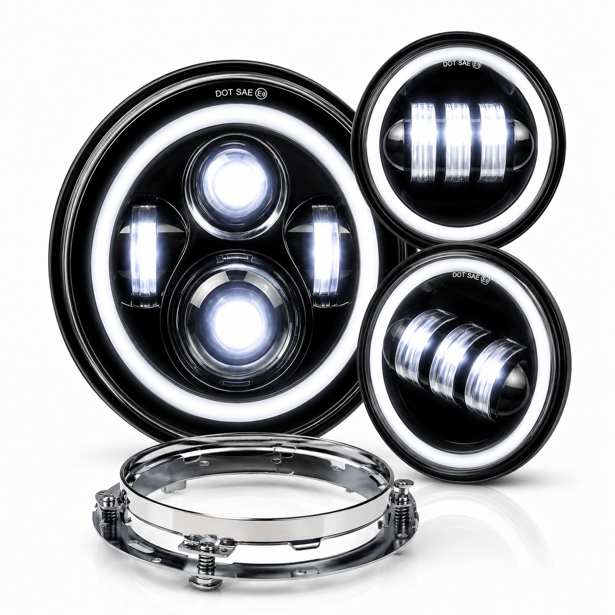 Eagle Lights 7" LED Headlight and 4.5" LED Passing Light Kit with Halo Rings for Harley-Davidson and Indian Motorcycles - Generation I / Black
