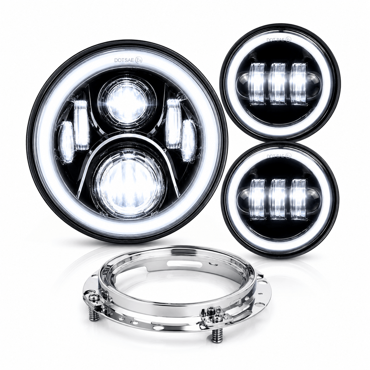 Eagle Lights 7" LED Headlight and 4.5" LED Passing Light Kit with Halo Rings for Harley-Davidson® and Indian Motorcycles - Generation II / Black / Halo Ring