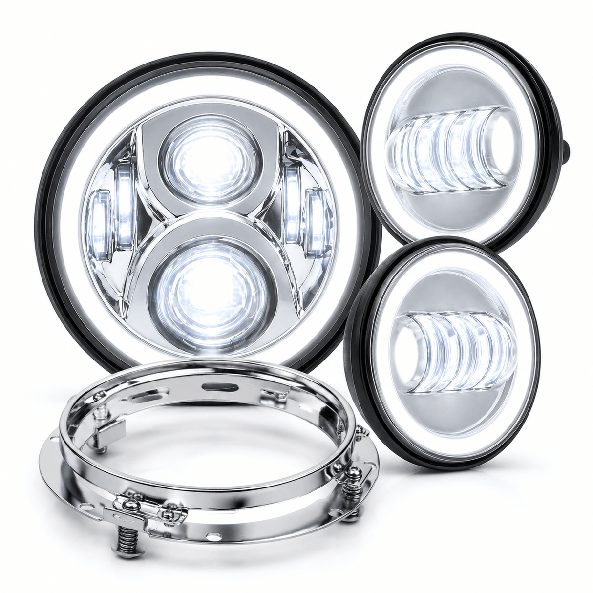Eagle Lights 7" LED Headlight and 4.5" LED Passing Light Kit with Halo Rings for Harley-Davidson® & Indian® Motorcycles - Generation II / Chrome / Halo Ring
