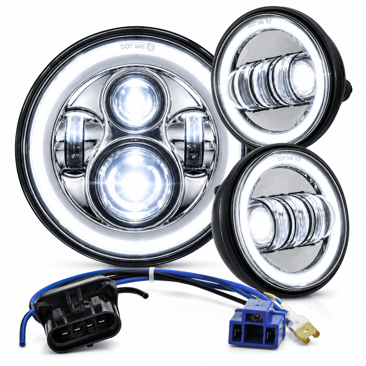 Eagle Lights 7" LED Headlight and 4.5" LED Passing Light Kit with Halo Rings for Harley-Davidson and Indian Motorcycles - Generation I / Chrome