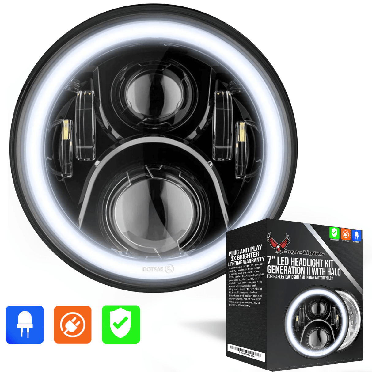 Eagle Lights 7" LED Headlight with LED Halo Ring for Harley-Davidson® and Indian® Motorcycles - Generation II / Black Kit