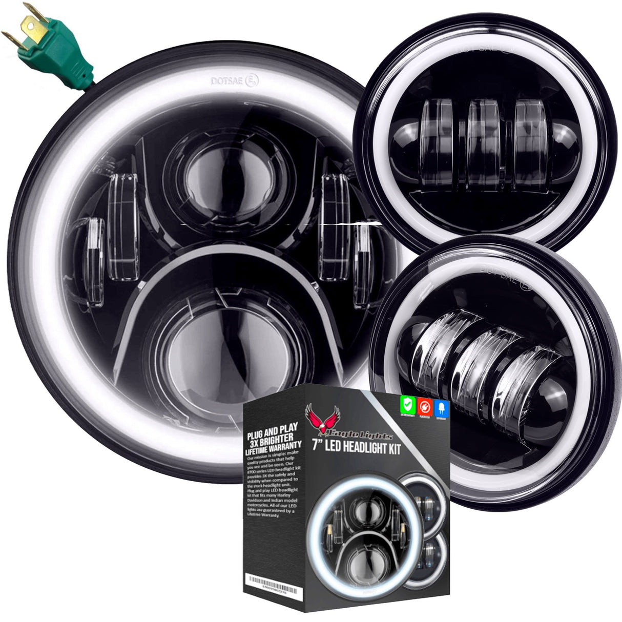 Eagle Lights 7" LED Headlight and 4.5" LED Passing Light Kit with Halo Rings for Harley-Davidson® and Indian Motorcycles - Generation II / Black / Halo Ring
