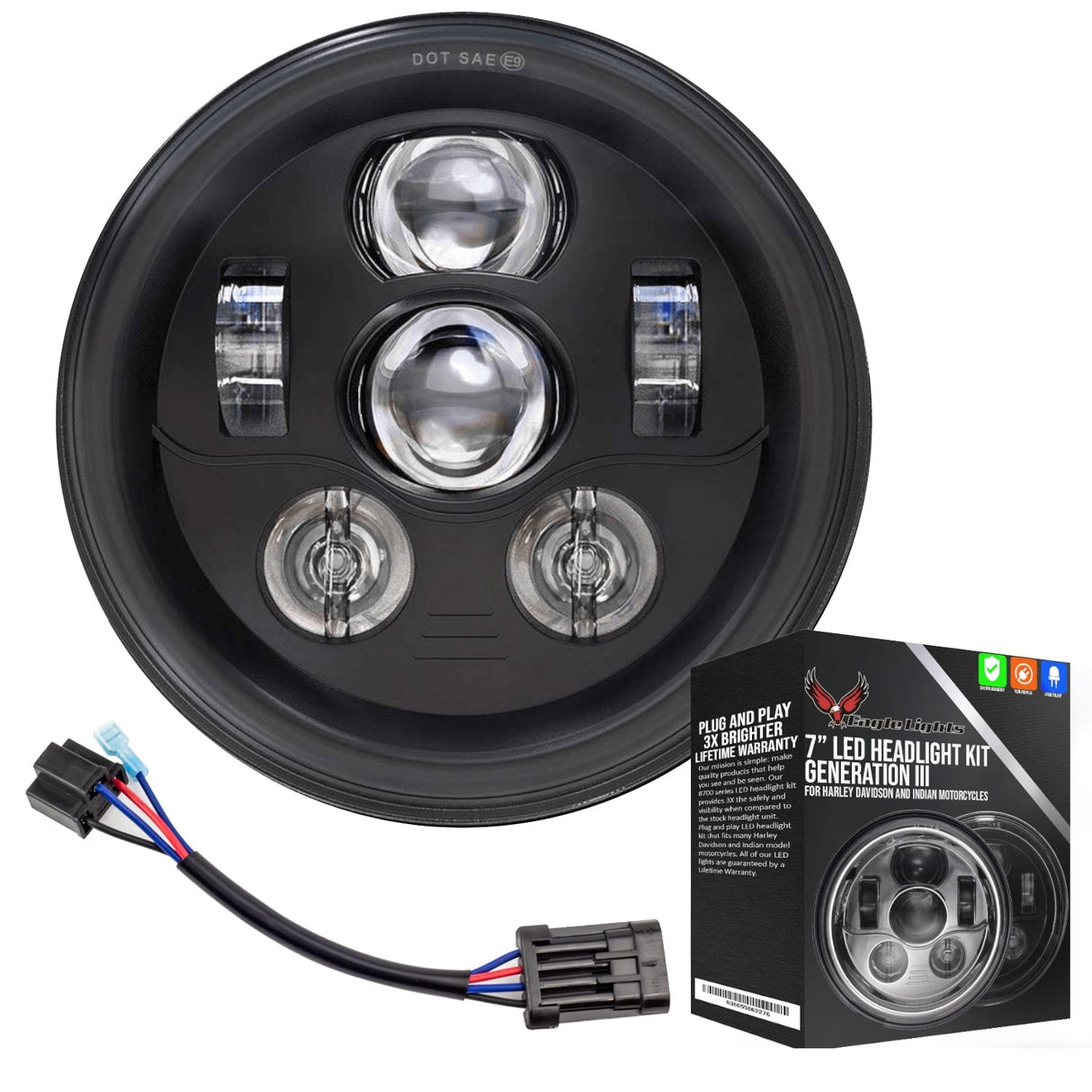 Eagle Lights 7" LED Headlight Kit for Harley-Davidson® and Indian® Motorcycles - Generation III / Black