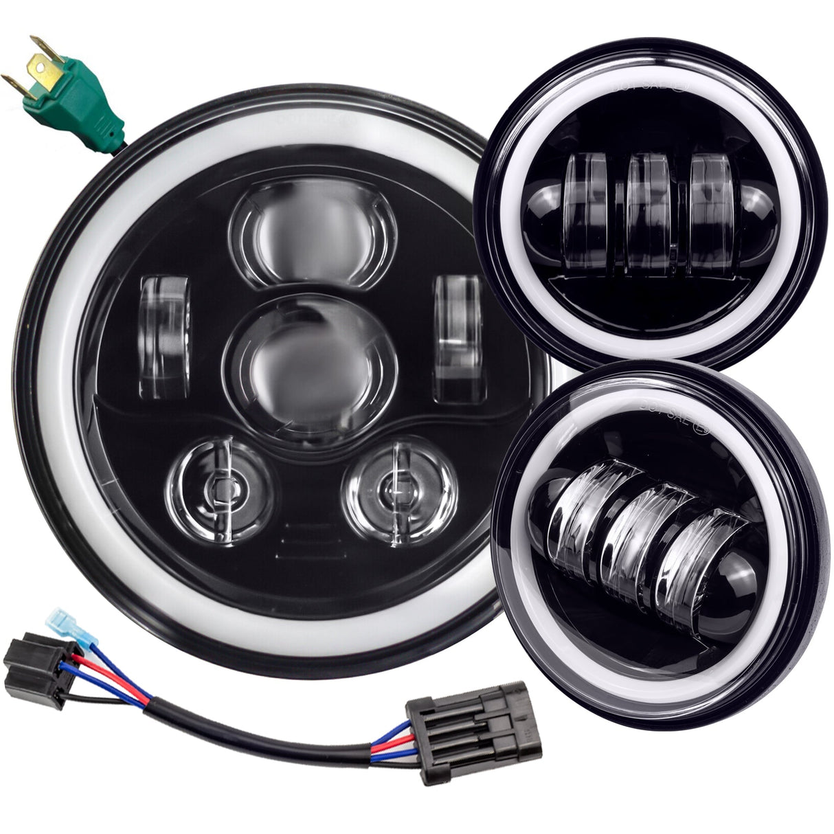Eagle Lights 7" LED Headlight and 4.5" LED Passing Light Kit with Halo Rings for Harley-Davidson® & Indian® Motorcycles - Generation III / Black / Halo Ring