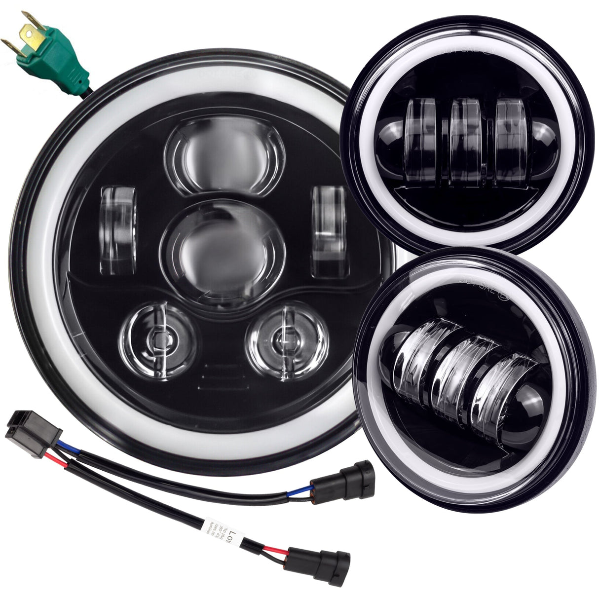 Eagle Lights 7" LED Headlight and 4.5" LED Passing Light Kit with Halo Rings for Harley-Davidson® & Indian® Motorcycles - Generation III / Black / Halo Ring