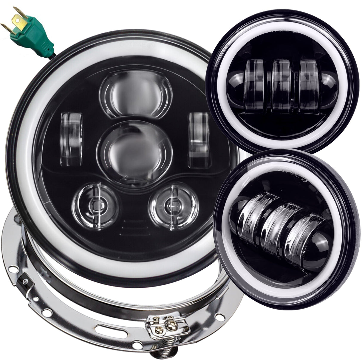 Eagle Lights 7" LED Headlight and 4.5" LED Passing Light Kit with Halo Rings for Harley-Davidson® & Indian® Motorcycles - Generation III / Black / Halo Ring