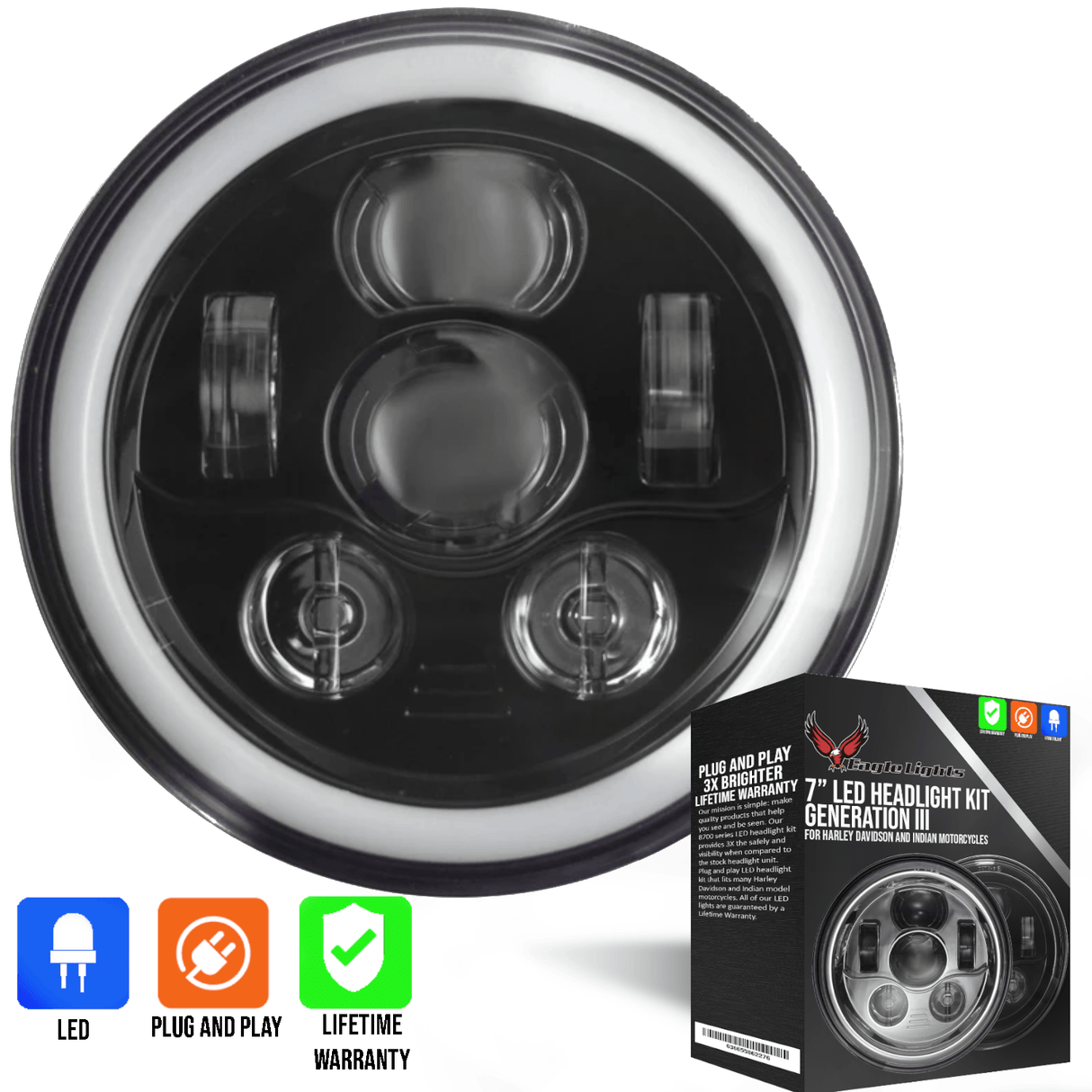 Eagle Lights 7" LED Headlight Kit with Halo Ring for Harley-Davidson® and Indian® Motorcycles - Generation III / Black