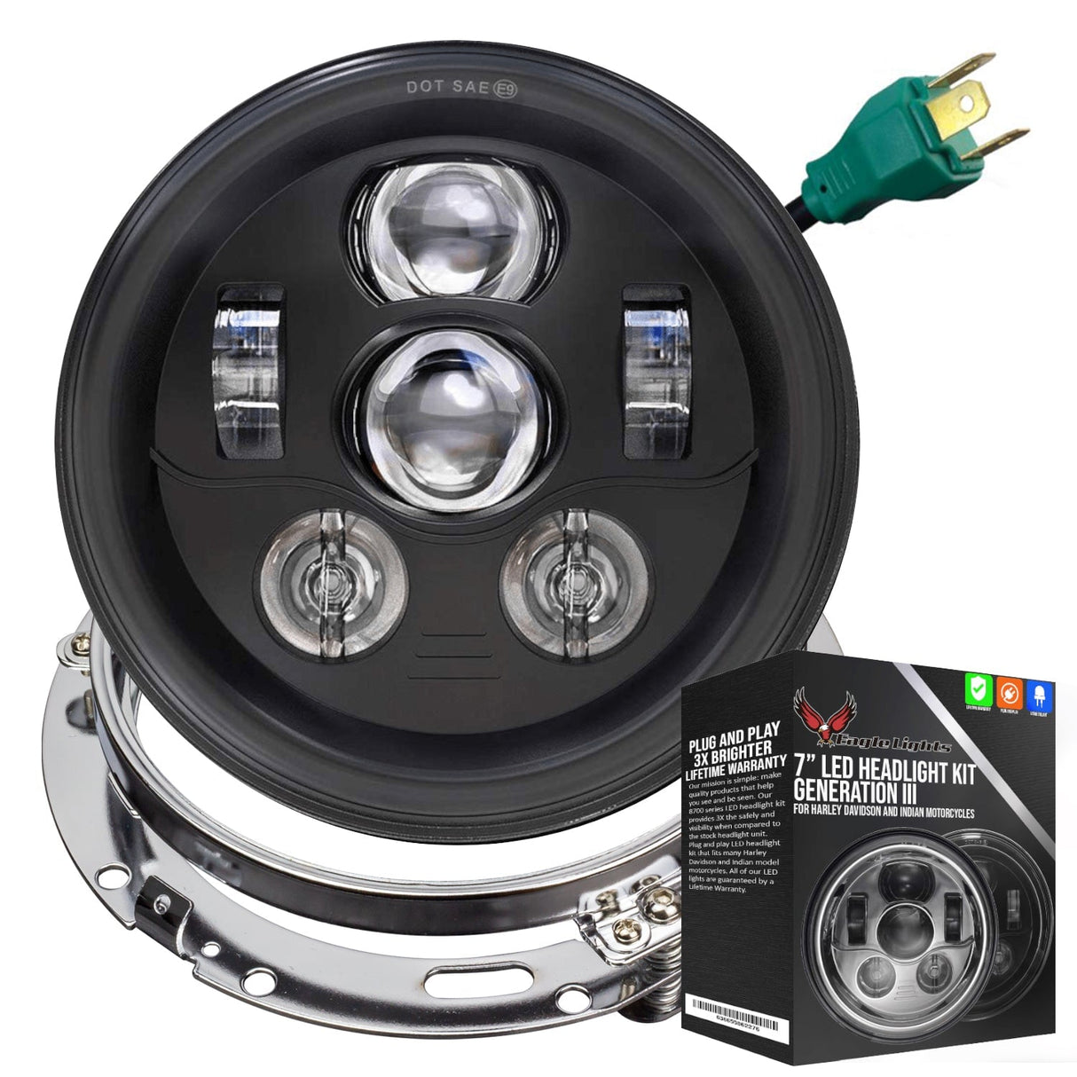 Eagle Lights 7" LED Headlight Kit for Harley-Davidson® and Indian® Motorcycles - Generation III / Black