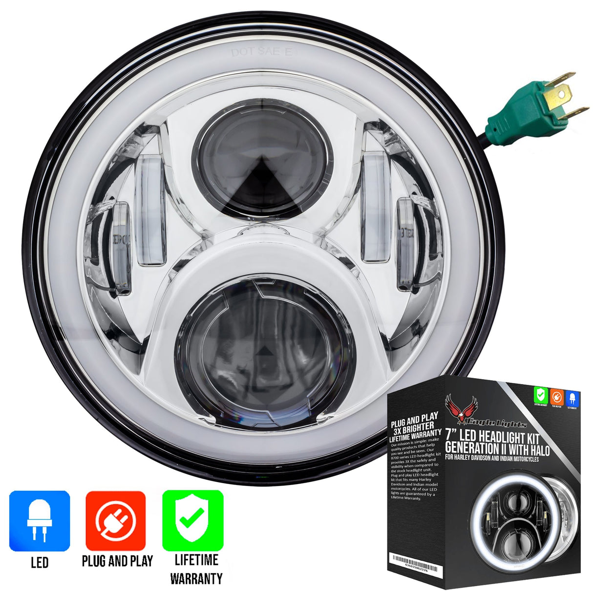 Eagle Lights 7" LED Headlight with LED Halo Ring for Harley-Davidson® and Indian® Motorcycles - Generation II / Chrome Kit