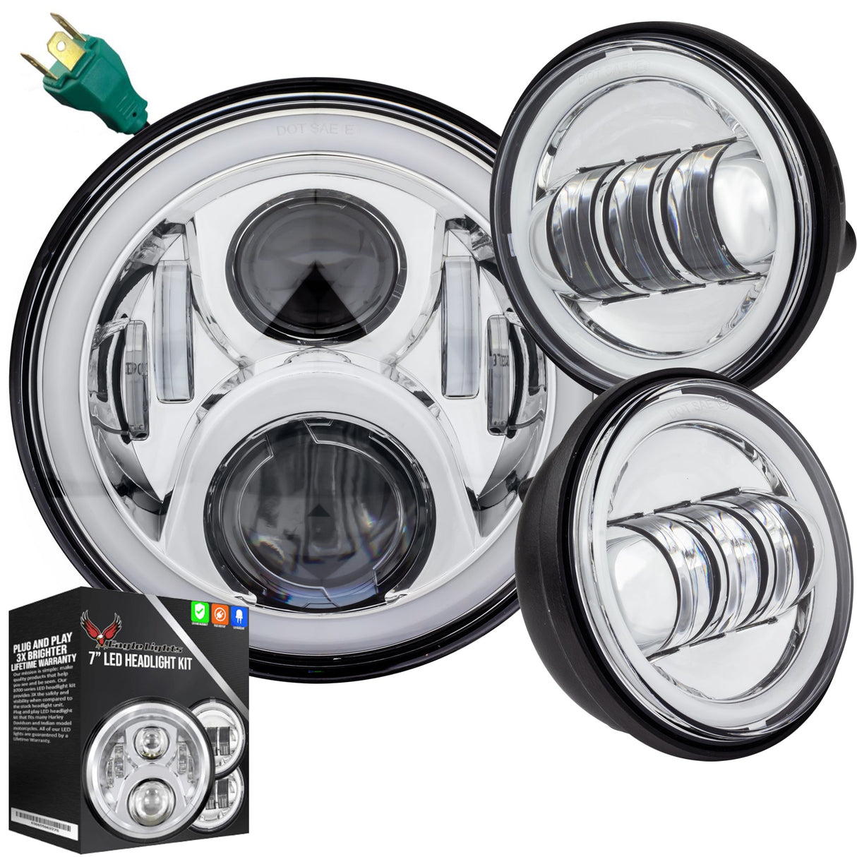 Eagle Lights 7" LED Headlight and 4.5" LED Passing Light Kit with Halo Rings for Harley-Davidson® & Indian® Motorcycles - Generation II / Chrome / Halo Ring