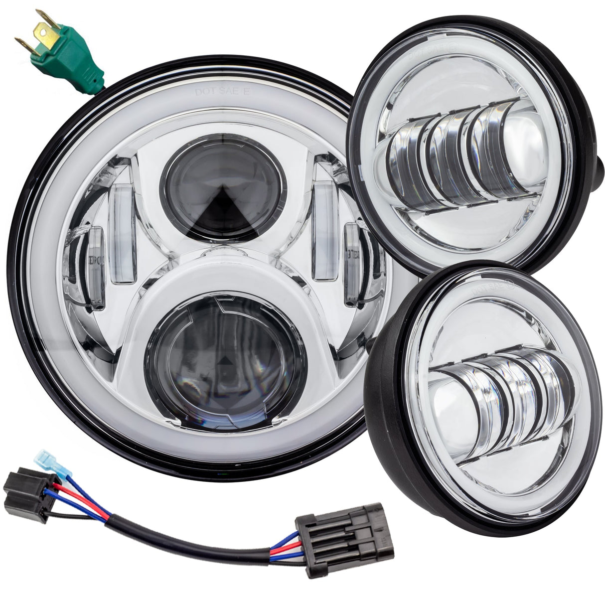 Eagle Lights 7" LED Headlight and 4.5" LED Passing Light Kit with Halo Rings for Harley-Davidson® & Indian® Motorcycles - Generation II / Chrome / Halo Ring
