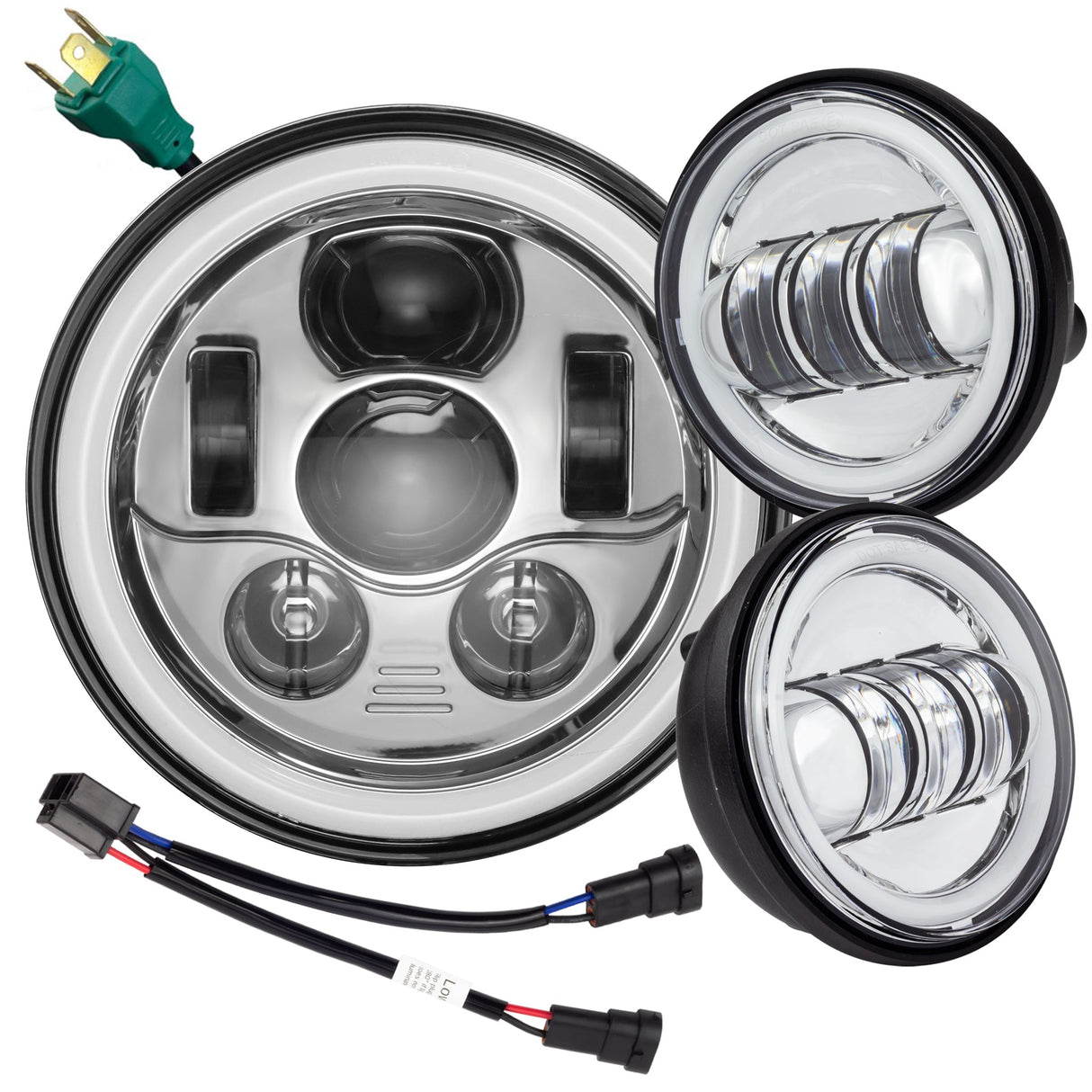 Eagle Lights 7" LED Headlight and 4.5" LED Passing Light Kit with Halo Rings for Harley-Davidson® & Indian® Motorcycles - Generation III / Chrome / Halo Ring