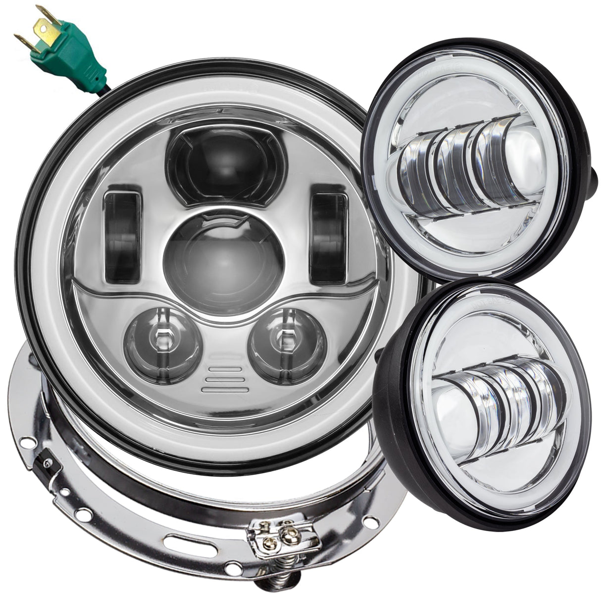 Eagle Lights 7" LED Headlight and 4.5" LED Passing Light Kit with Halo Rings for Harley-Davidson® & Indian® Motorcycles - Generation III / Chrome / Halo Ring