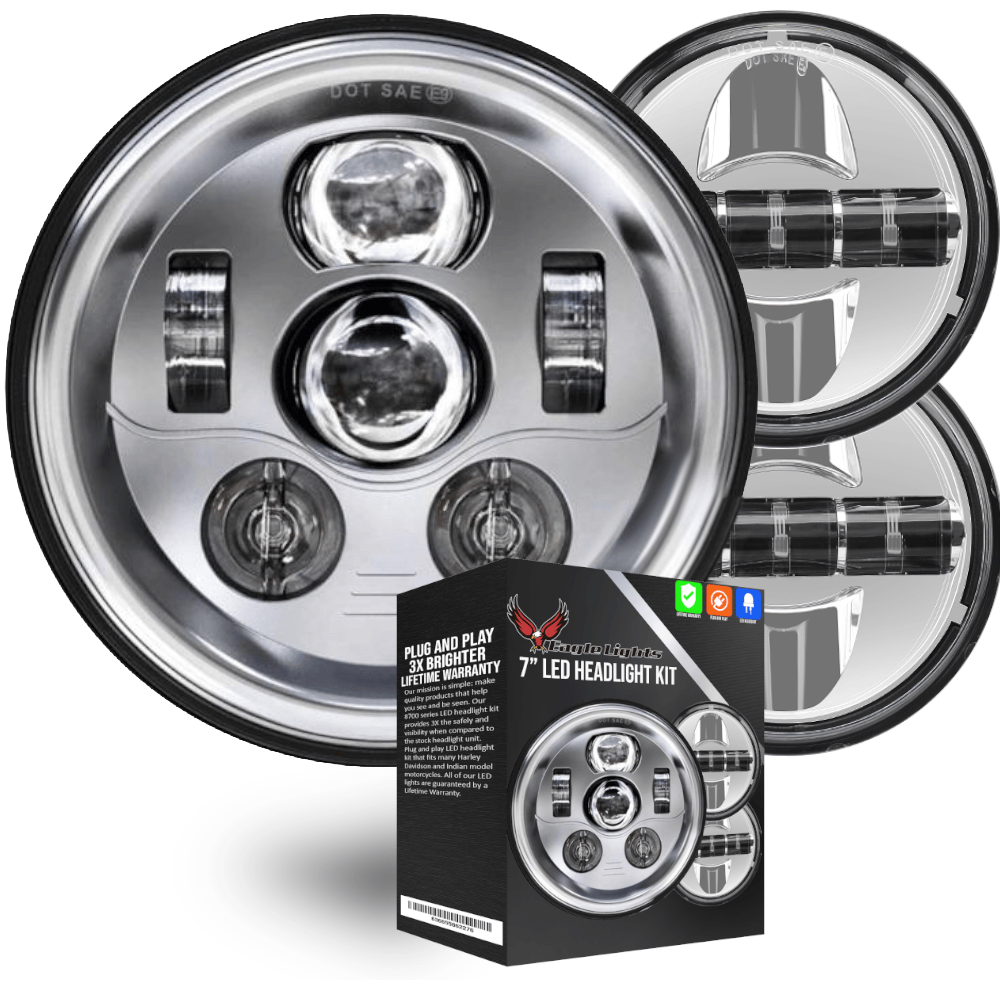 Eagle Lights 7" LED Headlight and 4.5" LED Passing Light Kit for Harley-Davidson® and Indian® Motorcycles - Generation III / Chrome