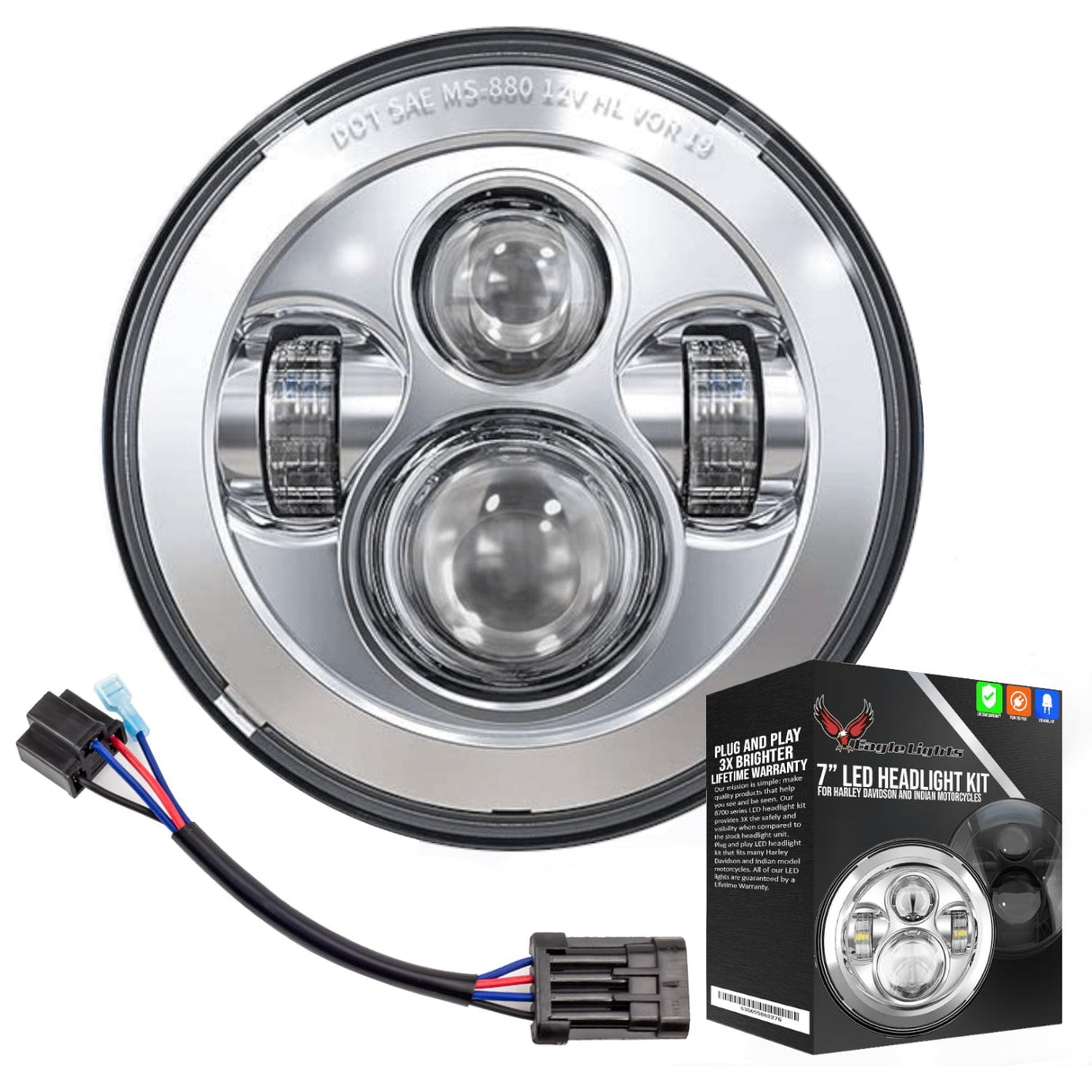Eagle Lights 7" LED Headlight for Harley-Davidson® and Indian® Motorcycles - Generation I / Chrome Kit