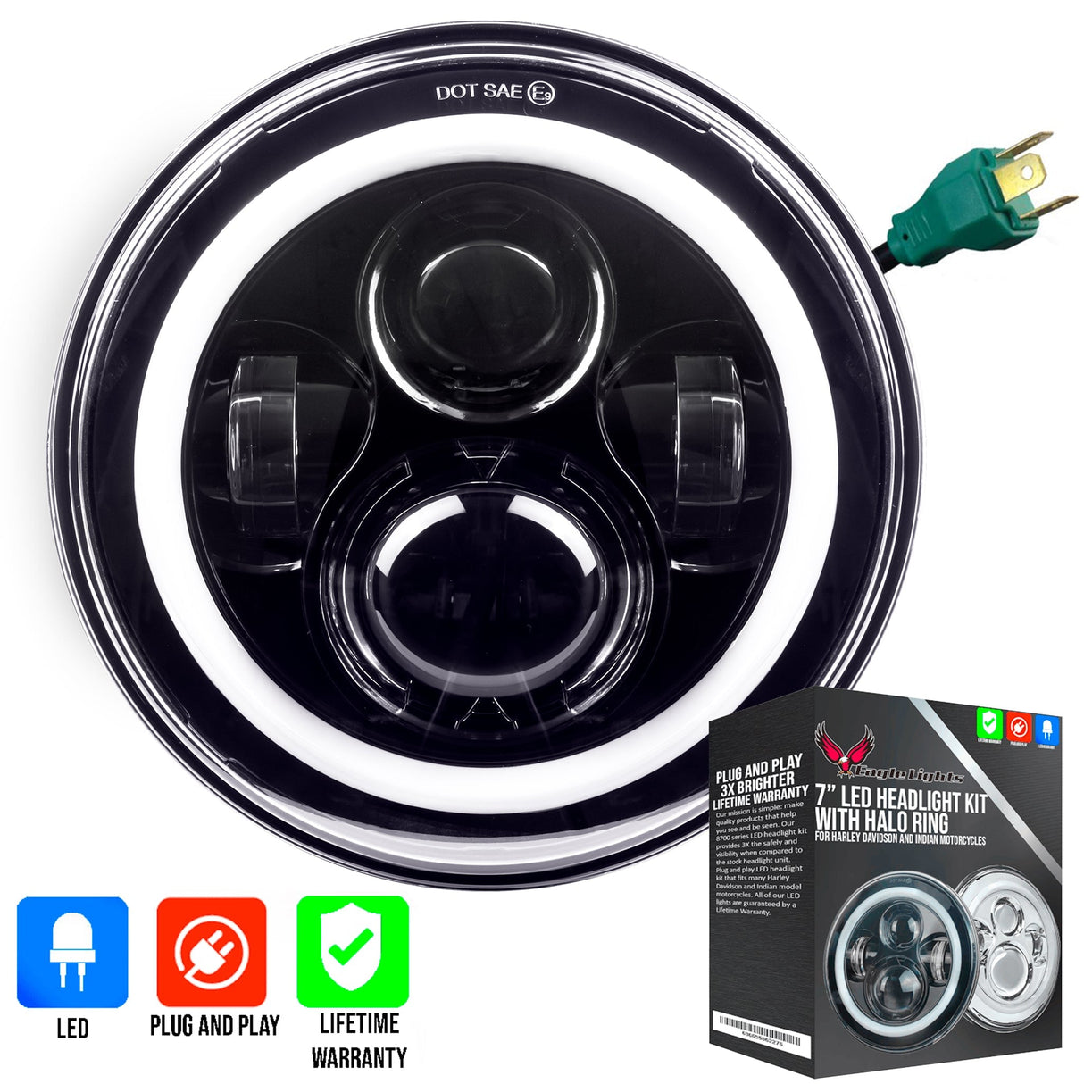 Eagle Lights 7" LED Headlight with LED Halo Ring for Harley-Davidson® and Indian® Motorcycles - Generation I / Black Kit