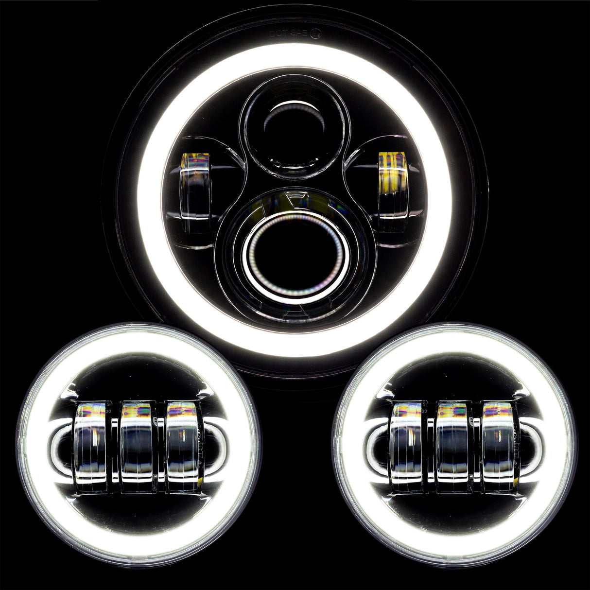 Eagle Lights 7" LED Headlight and 4.5" LED Passing Light Kit with Halo Rings for Harley-Davidson® and Indian Motorcycles - Generation I / Chrome