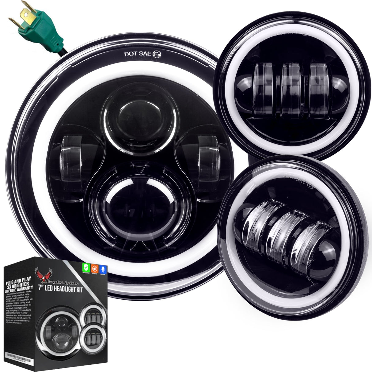 Eagle Lights 7" LED Headlight and 4.5" LED Passing Light Kit with Halo Rings for Harley-Davidson® and Indian® Motorcycles - Generation I / Black