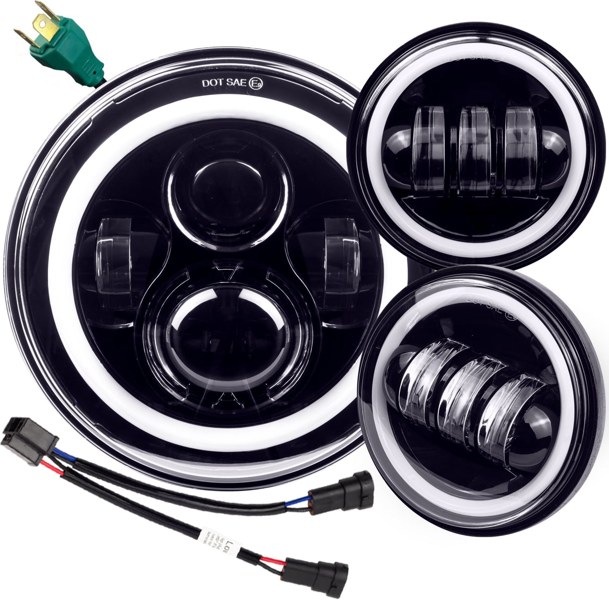 Eagle Lights 7" LED Headlight and 4.5" LED Passing Light Kit with Halo Rings for Harley-Davidson® and Indian® Motorcycles - Generation I / Black