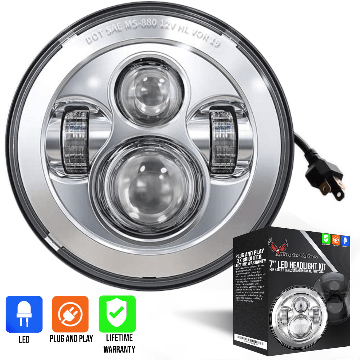 Eagle Lights 7" LED Headlight for Harley-Davidson® and Indian® Motorcycles - Generation I / Chrome Kit