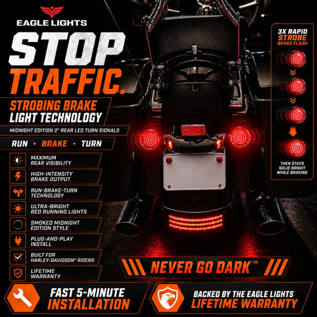 Eagle Lights Midnight Edition Rear LED Turn Signals, Running Lights and Strobing Brake Lights for Harley-Davidson® Motorcycle
