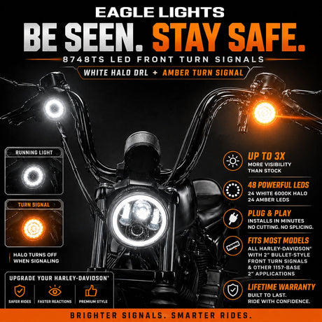 Eagle Lights 2” Front LED Turn Signal with Halo Running Light Kit for Harley-Davidson® - White Halo Ring / Amber Turn Signal / 1157 Base