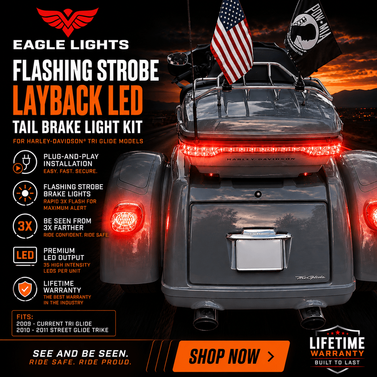 Eagle Lights Flashing Strobe Layback LED Tail Brake Light Kit for Harley-Davidson® Tri Glide Models