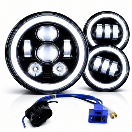 Eagle Lights 7" LED Headlight and 4.5" LED Passing Light Kit with Halo Rings for Harley-Davidson® & Indian® Motorcycles - Generation III / Black / Halo Ring