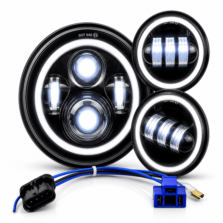 Eagle Lights 7" LED Headlight and 4.5" LED Passing Light Kit with Halo Rings for Harley-Davidson and Indian Motorcycles - Generation I / Black