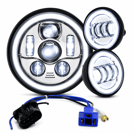 Eagle Lights 7" LED Headlight and 4.5" LED Passing Light Kit with Halo Rings for Harley-Davidson® & Indian® Motorcycles - Generation III / Chrome / Halo Ring