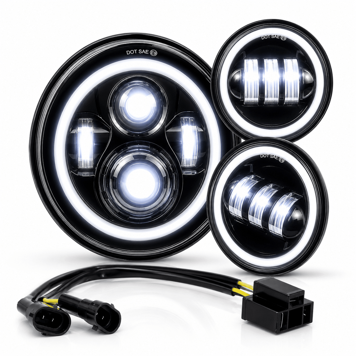 Eagle Lights 7" LED Headlight and 4.5" LED Passing Light Kit with Halo Rings for Harley-Davidson and Indian Motorcycles - Generation I / Black